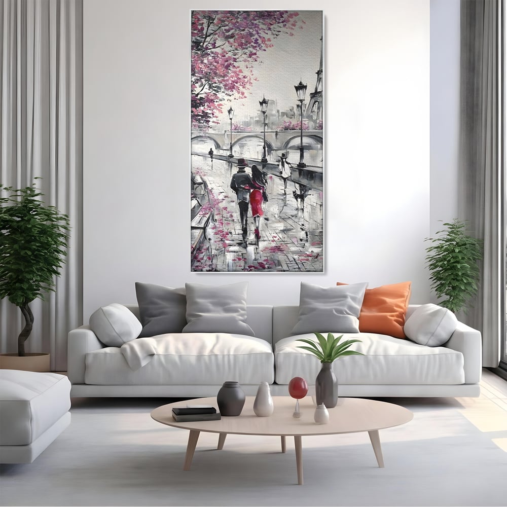 Tablou canvas cu pictura cu cuplu in paris, in rama de aluminiu argintiu, pe perete intr-un living
